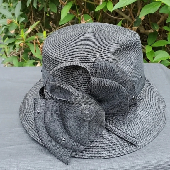 Black Floral Derby Hat Wide Brim Church Tea Party Wedding Fascinator Vintage Sty main image 6